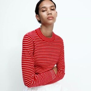 Zara Red and White Striped Sweatshirt Size Small